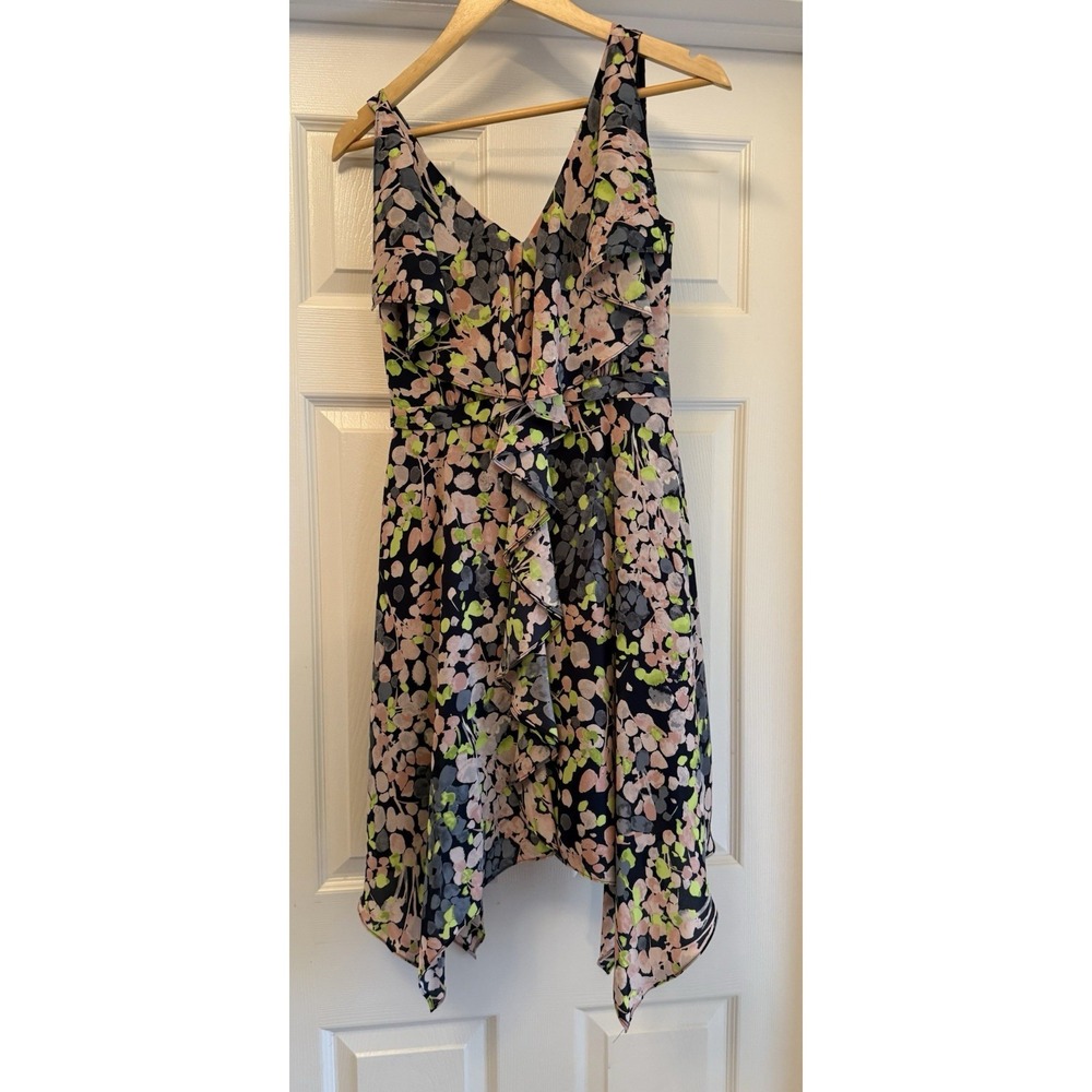 BCBGMAXAZRIA Dress Womens 2 Navy Blue Floral Ruffle Handkerchief Hem V-Neck